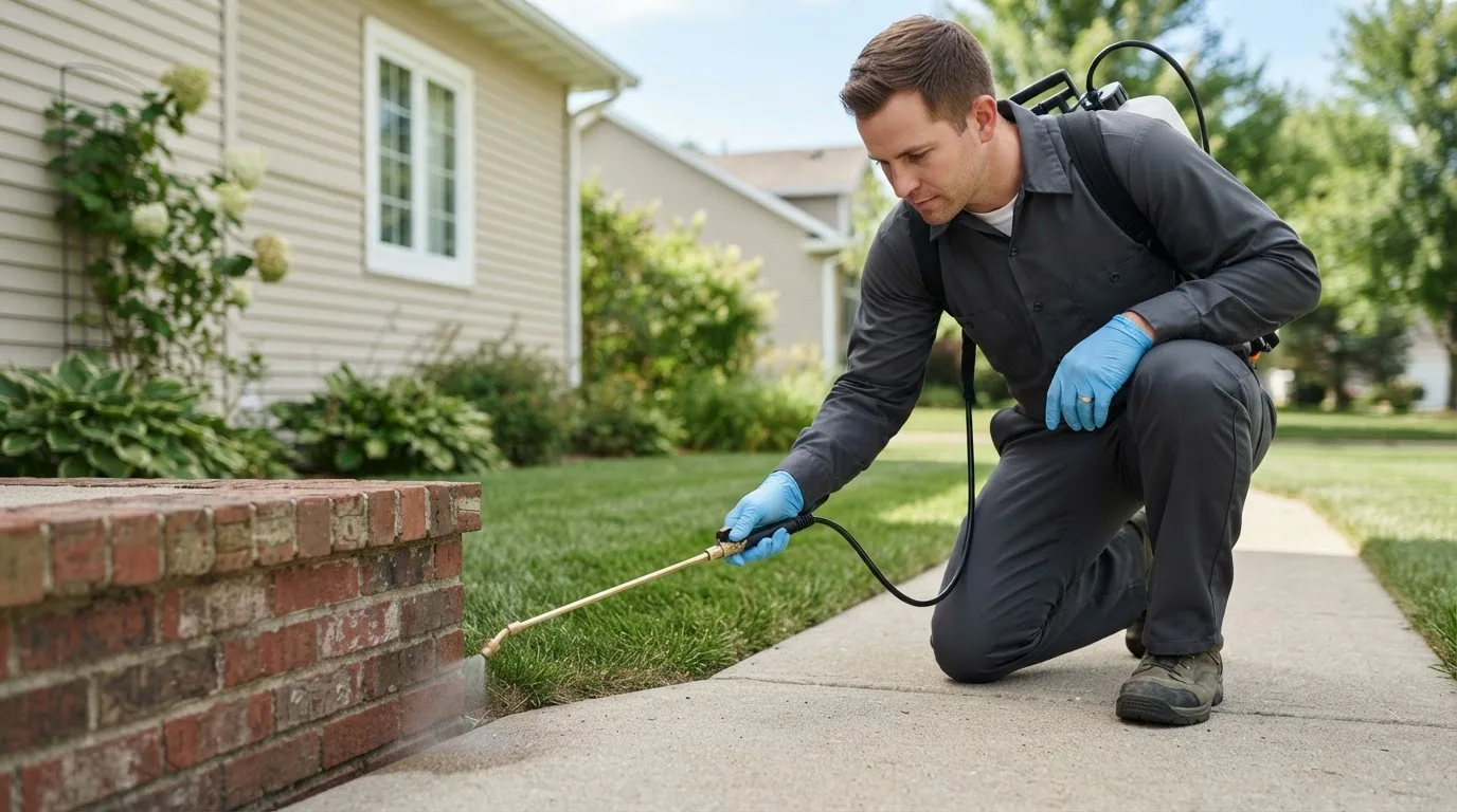 Pest control technician treating a home near Hallsboro, NC